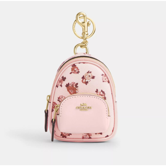 Coach CAA68 Mini Court Backpack Bag Charm With Rosette Print Gold/Blush Multi - Picture 1 of 11